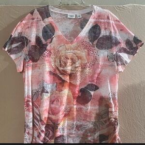 Cato Women's Pink and Black Floral V-Neck Tee with beading at the center